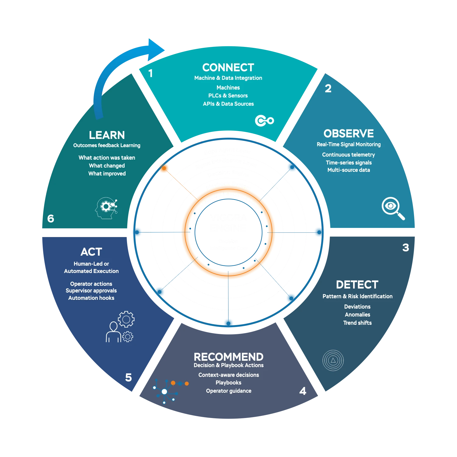 Vigora six-stage intelligence loop: Connect, Observe, Detect, Recommend, Act, Learn — the continuous decision intelligence framework